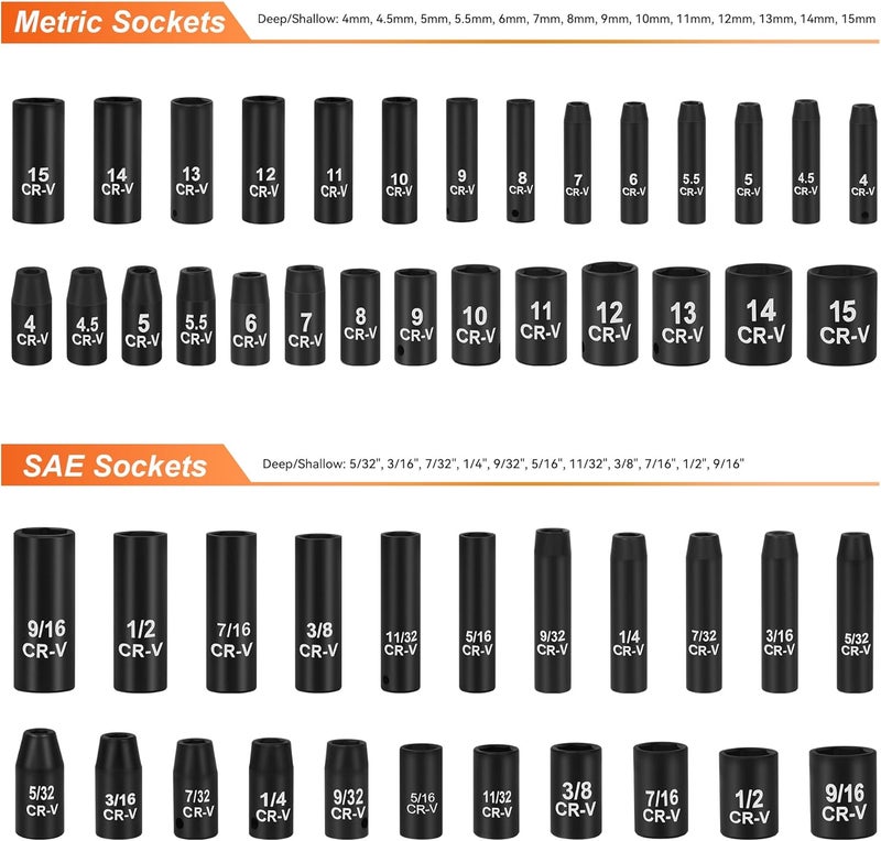 Reniteco 56-Piece 1/4" Drive Socket Set, SAE (5/32"-9/16") & Metric (4mm-15mm), Deep & Shallow, 72-Tooth Ratchet Wrench, Extension Bars, 3/8" F to 1/4" M Reducer, Universal Joint & Power Drill Adapter - Image 2